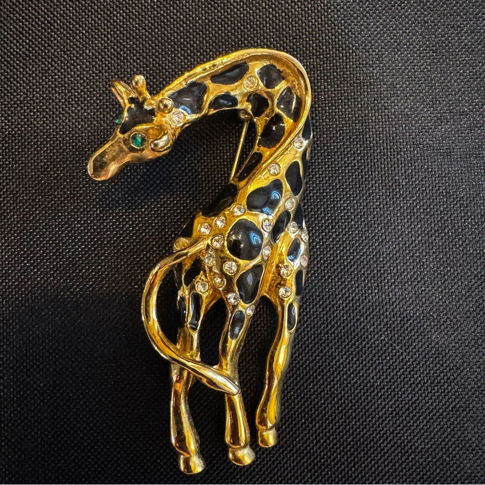 Vintage Gold tone Rhinestone and Black Giraffe Brooch